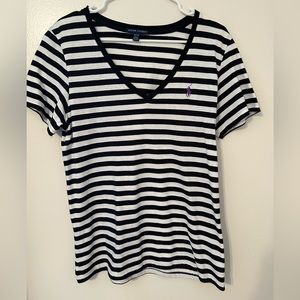 Ralph Lauren Women’s V neck Tee. Size XL. Black/White striped.